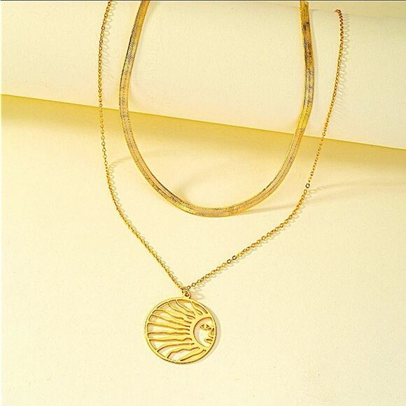 Gold Plated Sun Necklace, Herringbone, Hollow Out, Boho, Multilayer - Picture 4 of 6